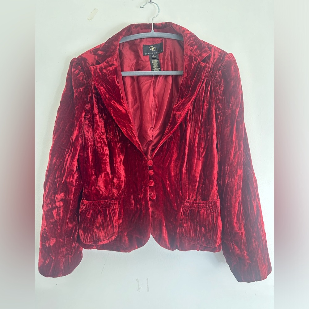 Vintage Crush Velvet Crop Jacket padded shoulders pockets and loop buttons Med